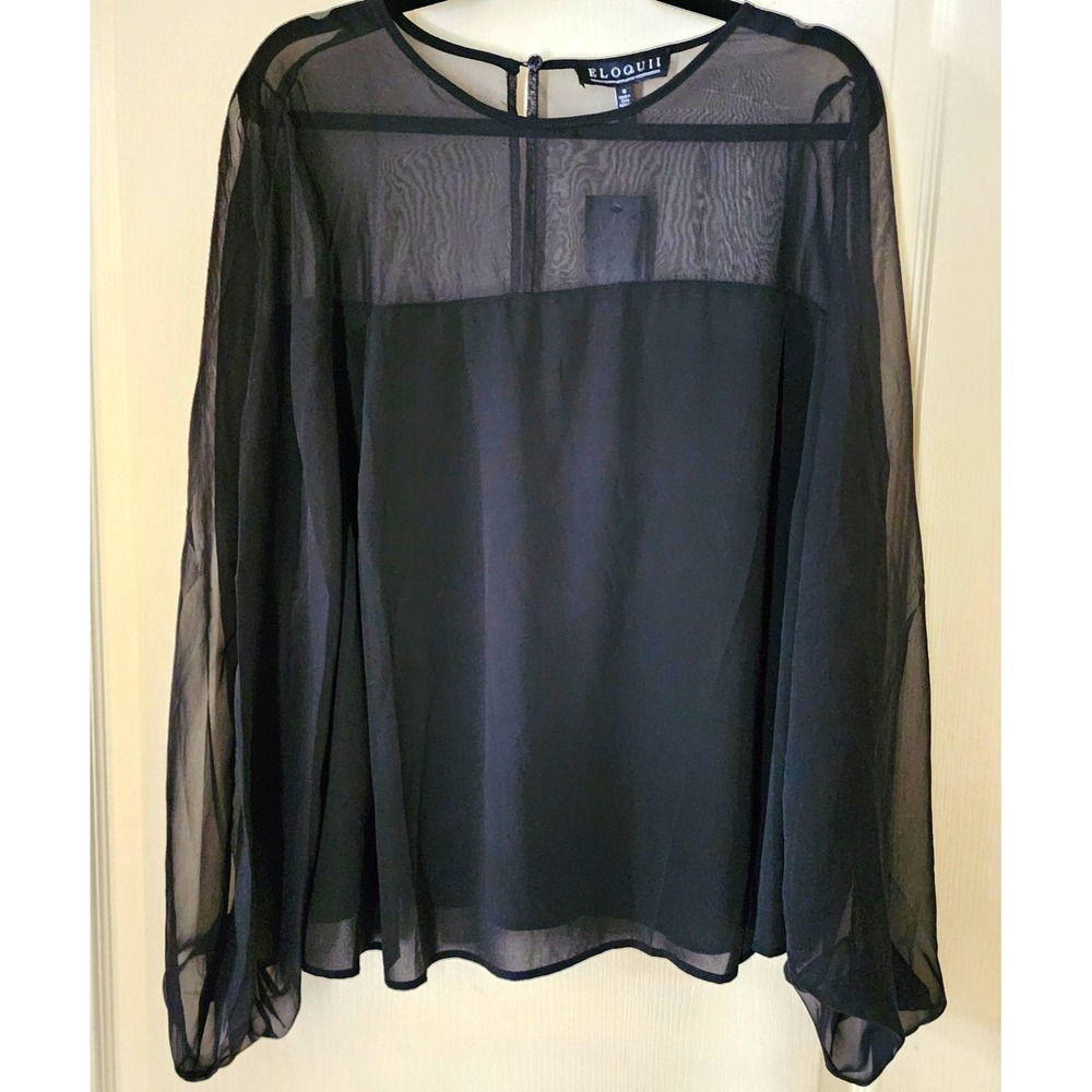 Eloquii Women's 18 Black Sheer Chiffon Blouse Long Balloon  Open Sleeve